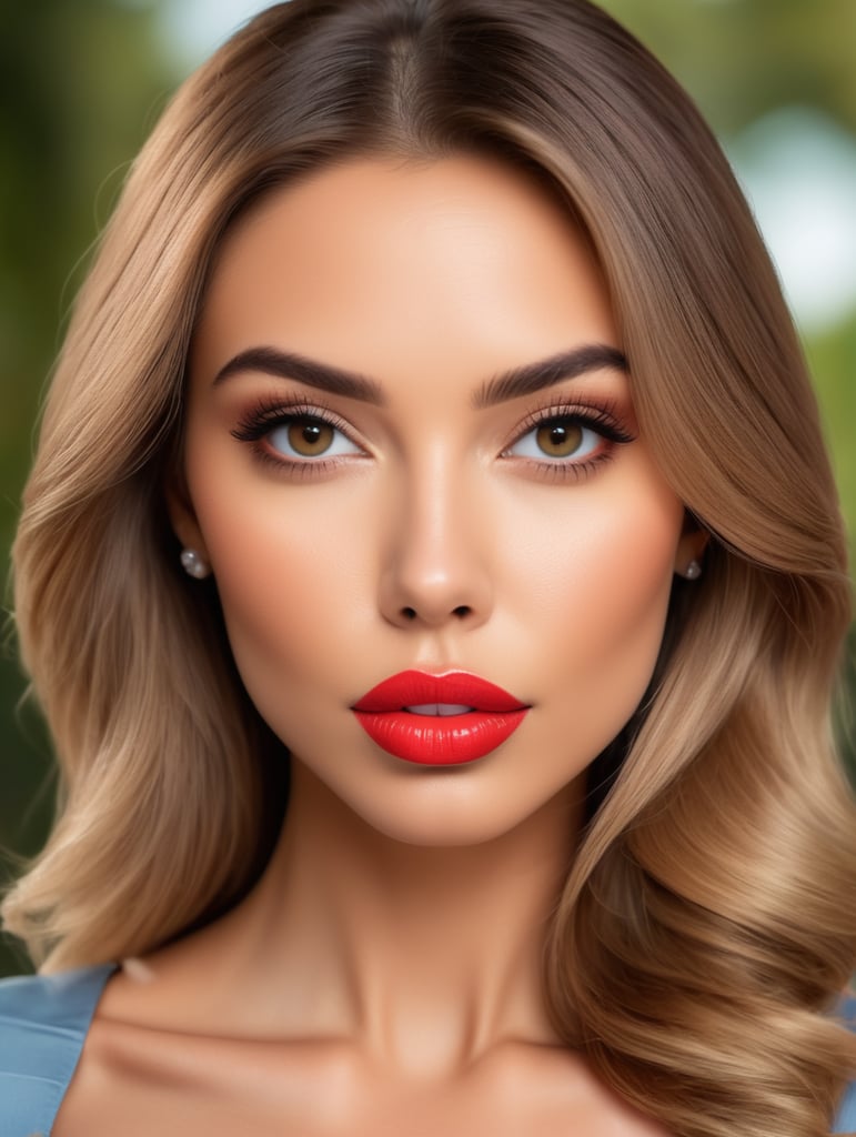 Portrait of a beautiful girl posing in front of the camera with abnormally ((huge Botox-pumped lips)), glamor photo, professional shot, bright colors, magazine cover, (goofy but businesslike expression), fashion, sharp focus, dramatic lighting, depth of field, incredibly high detail, blurry natural background