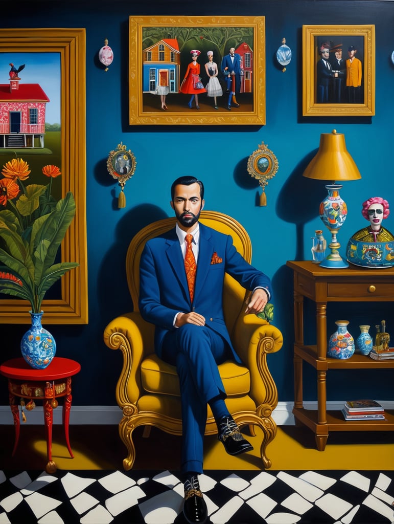 The man who took a debt for a house to death, style of Catherine Nolin, Painting, Acrylic, Oil, Portrait, Interior, USA