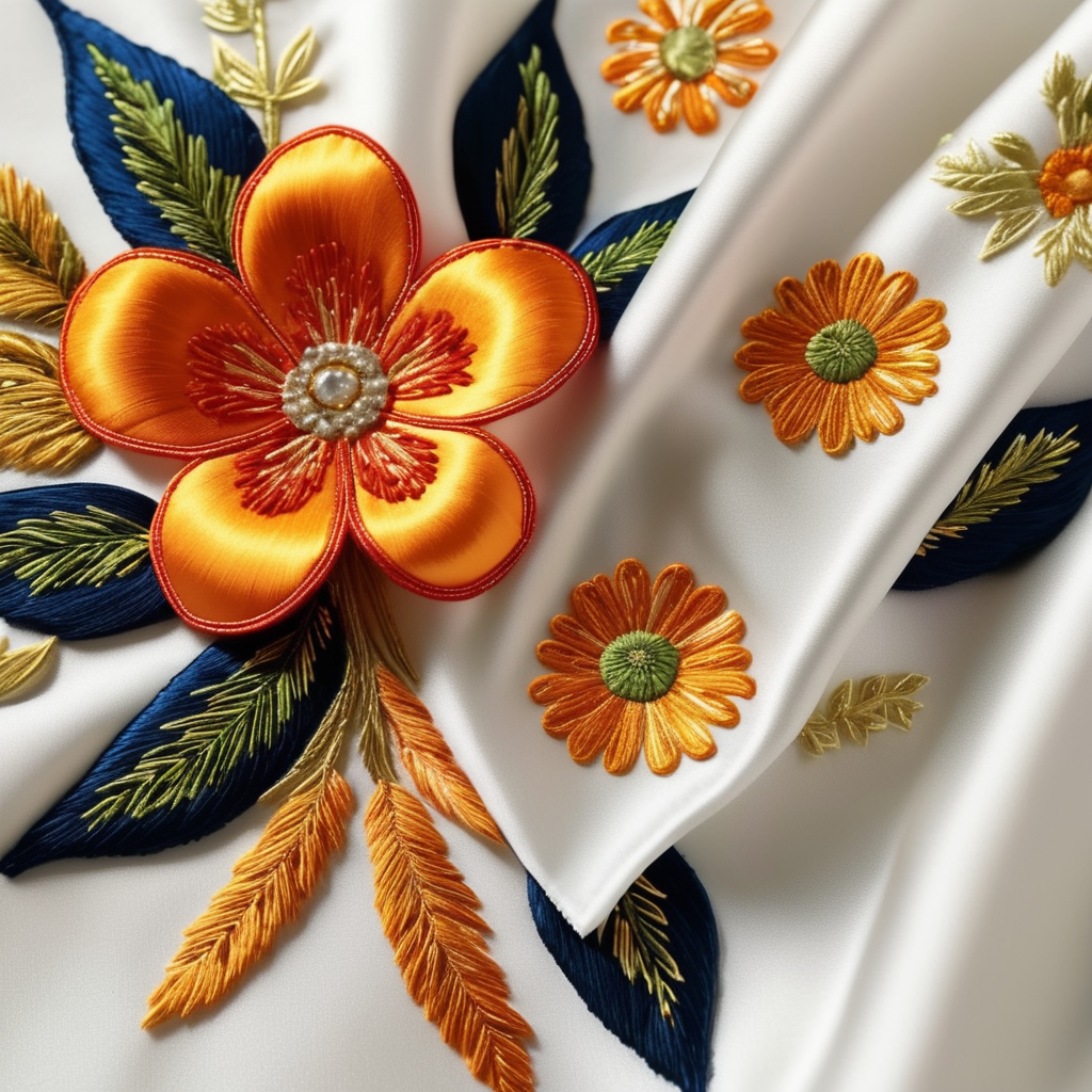 gold thread embroidery of wild flowers, sci-fi style, bright and cheerful colours, highly detailed, on a luxurious plain white silk fabric, with discreet shadows and volumes, sharp focus, spectacular lighting, depth of field, photographic quality, elegant, contemporary fashion, avatar film,