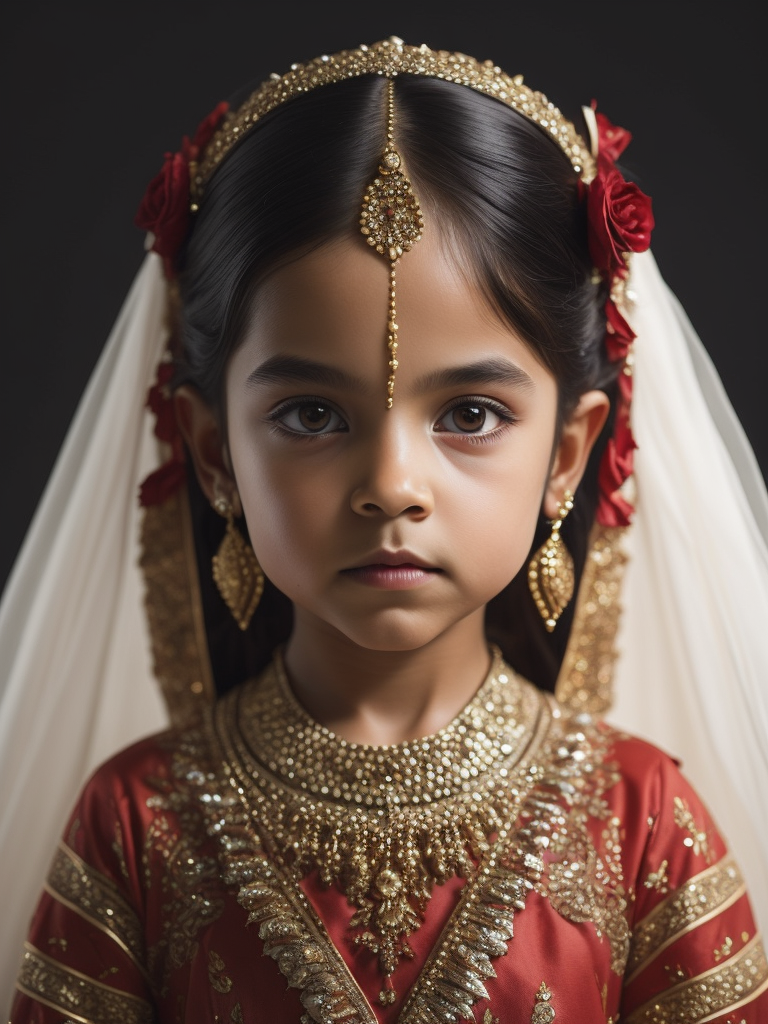 (((cute, sad 5-year-old girl))) of India dressed in a (((typical wedding dress of India, with gold and red geometric patterns))), (photorealistic: 1.4, lifelike), highly detailed CG unified 8K backgrounds, 1 child, looking at viewer, (HQ skin:1.4), 8k uhd, dslr, soft lighting, high quality, film grain, fujifilm XT3, ((simple neutral background)).