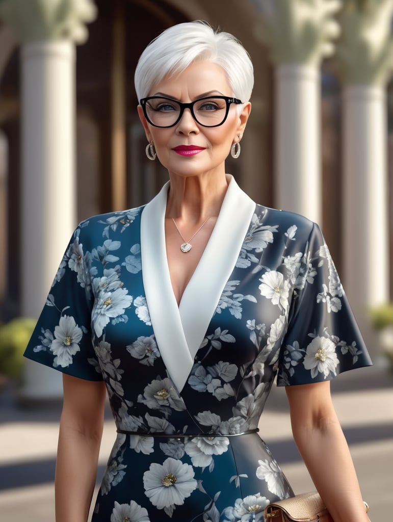 A portrait of a beautiful stylish older woman with white platinum short hair and big glasses, glamorous Hollywood portraits, highly realistic, daz3d, women designers, high resolution, very fashionable, colorful, dress as young woman