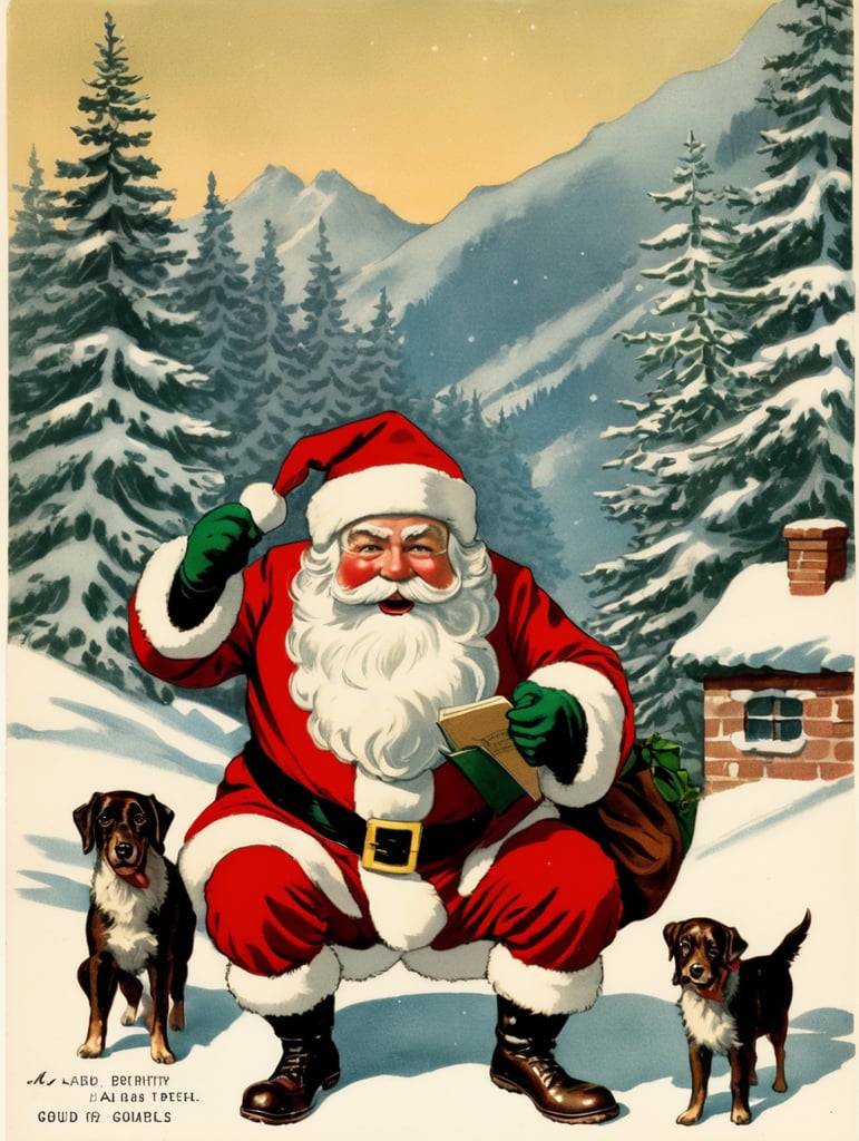 Illustration of a Santa in the style of Donald Fraser Gould McGill and a Bamforth postcard