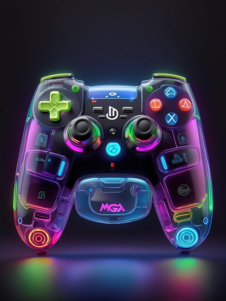 Design a futuristic, neon-colored gaming controller in the style of a playstation controller, glowing neon, semitransparent, deep vibrant colors, high details