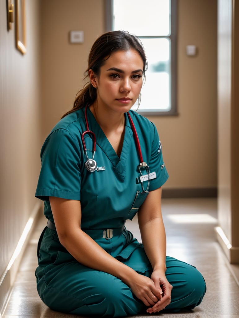 Portrait of a female working nurse, sitting on the floor in the hallway, sad face, sad colors and atmosphere, the light from the window illuminates her face