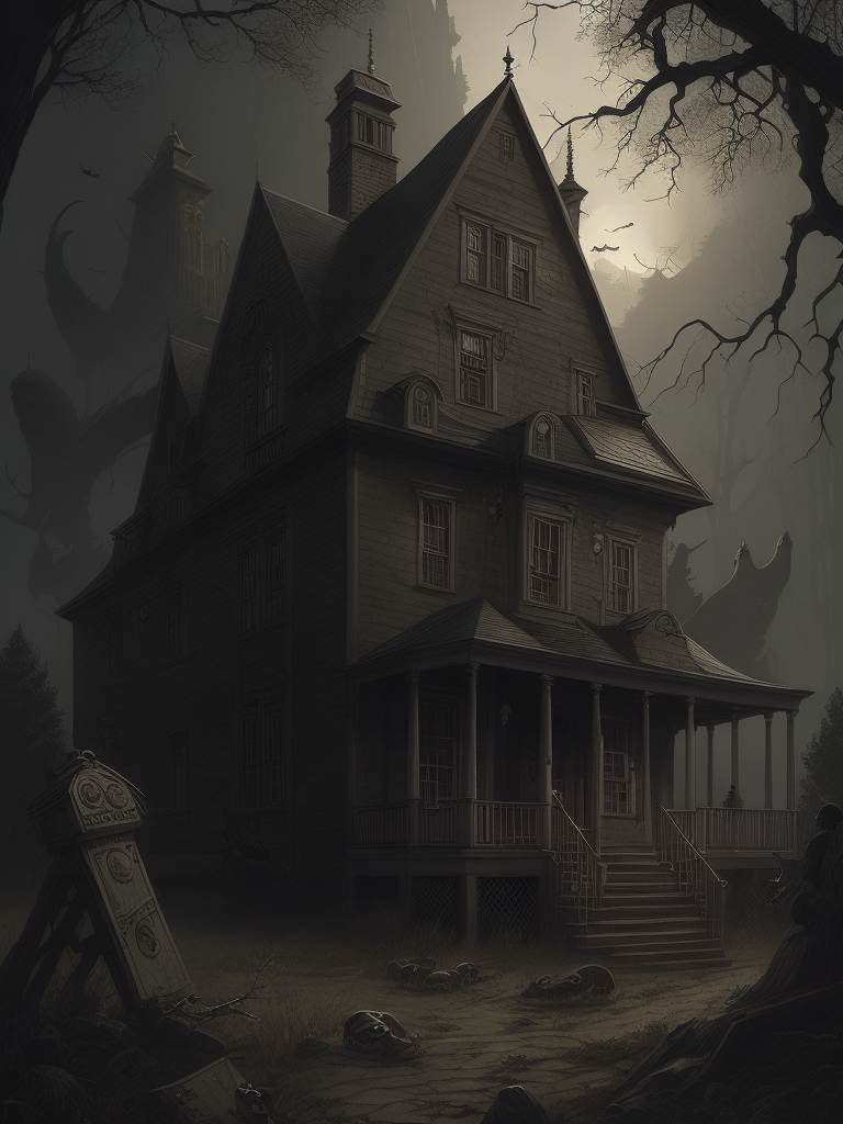 john kenn mortensen style, haunted house full of monsters