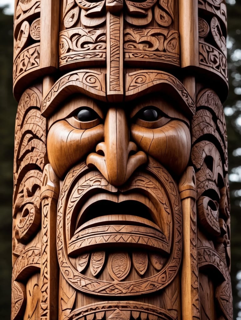 viking's wooden totem pole, viking faces carved, animals carved, traditional ornament around