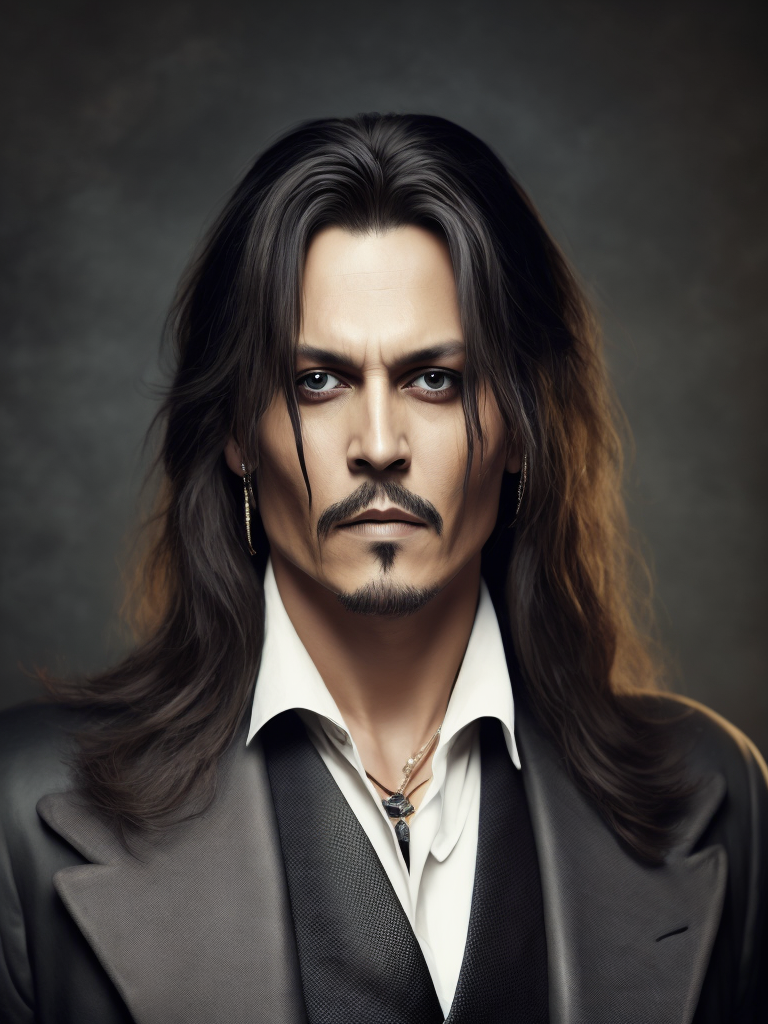 Portrait of Johnny Depp as Count Dracula, majestic look, long hair, he wears 18th-century style clothing, dark background, contrasting light, detailed face, muted tones