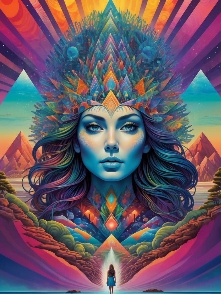 psychedelic dreamscape, a surreal and trippy artwork of a woman standing on a shore, surrounded by geometric shapes and vibrant colors. the art style is reminiscent of dan mumford and alex grey's cosmic lsd poster art.