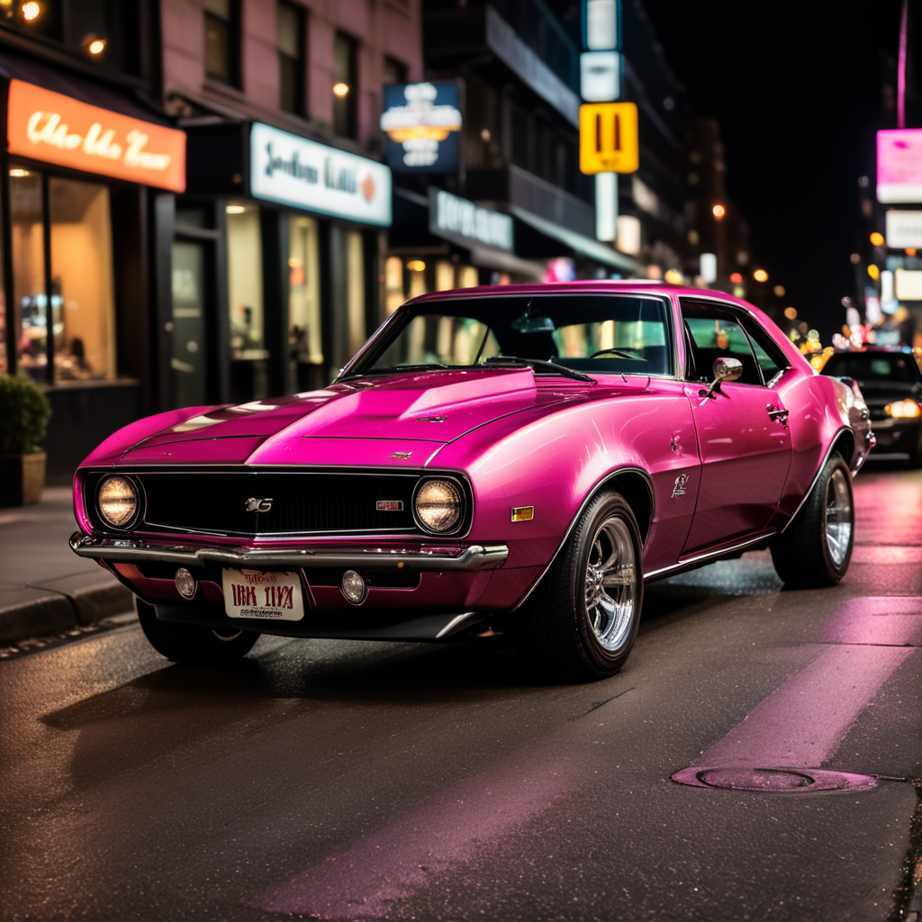 The offspring of a pink 1968 Camaro that's been crossed with a fuzzy kitten and it's driving the streets of New York City at night.