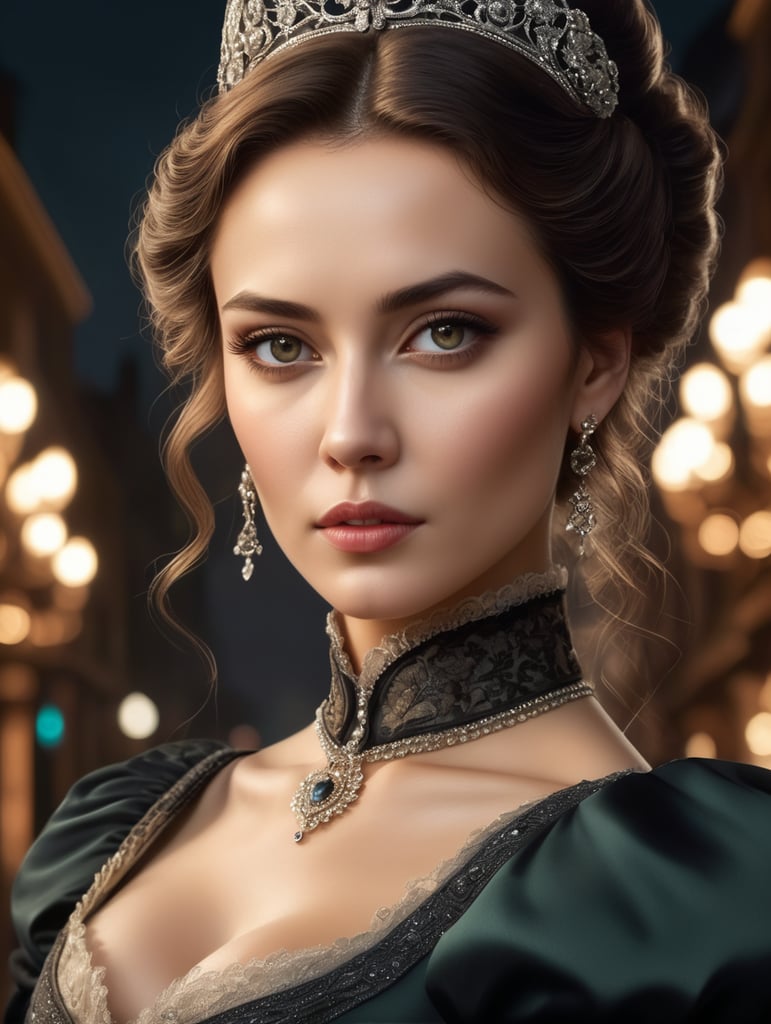 Detailed close-up portrait, front view, waist-high portrait of a handsome powerful 28-year-old woman in the image of an elegant aristocrat in a luxurious Victorian s clothes, in the background a night street of Victorian London, high detail, high contrast and clarity, octane rendering, book cover, concept art, artistic, 8k, photography, photorealism, dramatic, romantic, gothic, epic, cinematic lighting