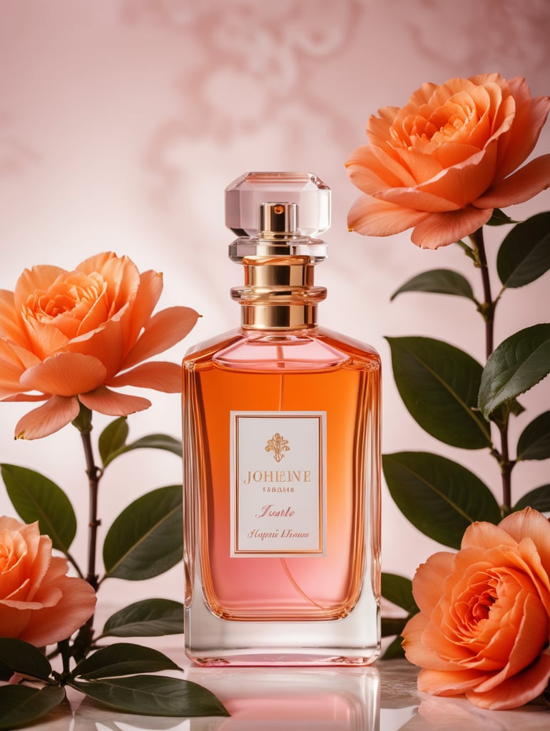 Pink and orange Floral background with modern perfume bottle with blanc white label and snake wrapped around the bootle