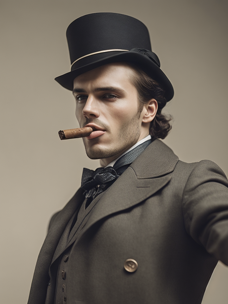 Vintage portrait of a man in a top hat and a buttoned frock coat and with a cigar in his mouth, Aggressive look, sharp focus, highly detailed