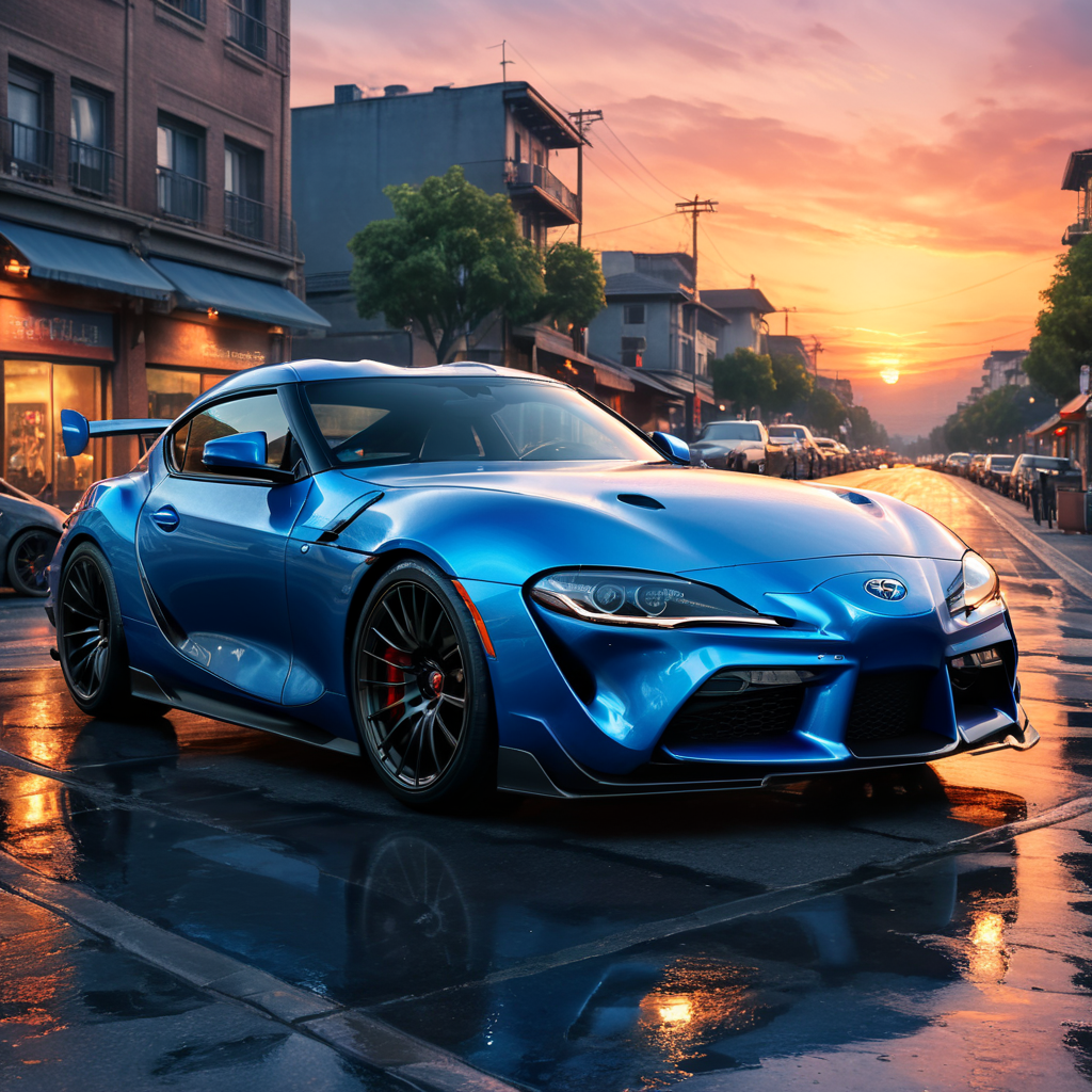 Blue Toyota Supra on a city street at sunset, high quality, ultra detailed, vivid colors