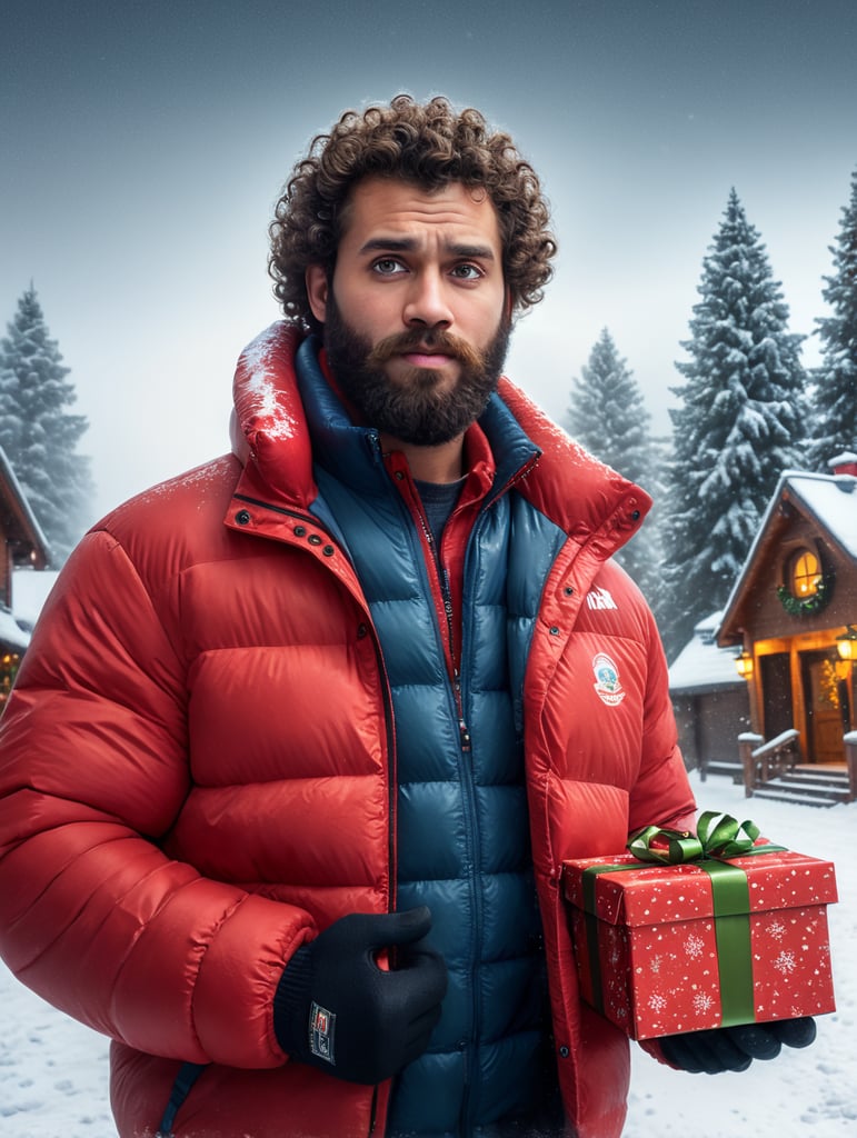 portrait of a bearded curly man wearing red puffer jacket, stands front camera with gift box his hand, snowy weather, Christmas time
