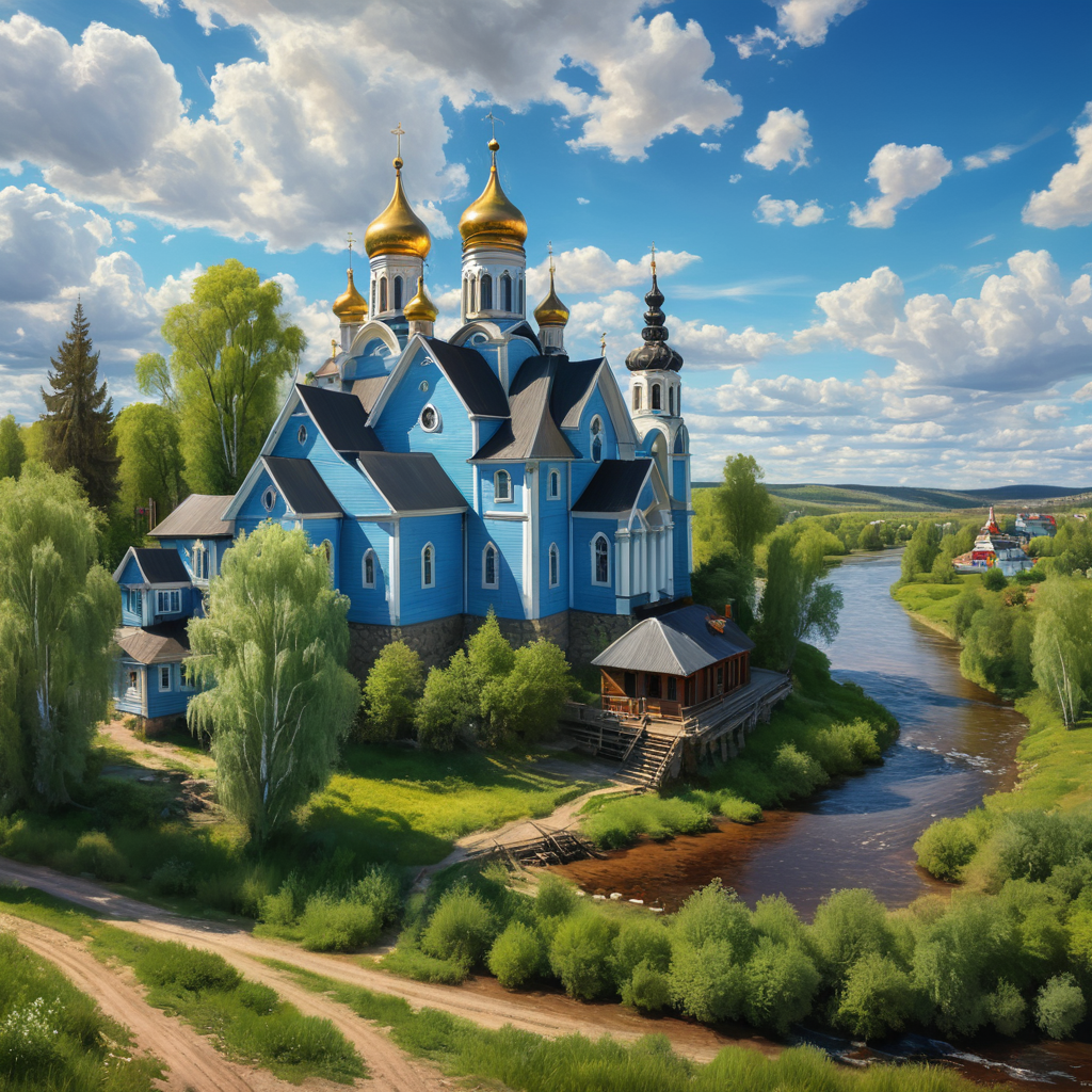 Russian landscape, view of the river from a high bank, summer, large two birch trees in the foreground, branches with dense foliage, a church and houses just below, the river and the opposite bank in the distance, blue sky with light clouds, no people, realism, high definition, watercolor style, sunlight, joy, tranquility