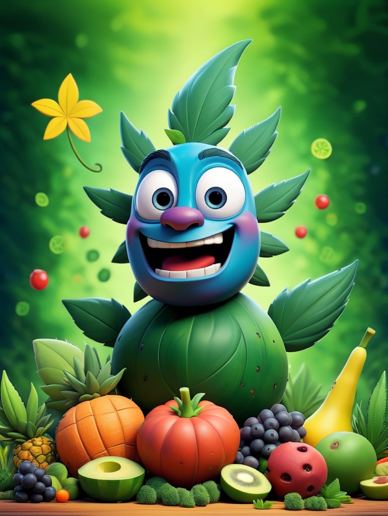 Cannabis leaf surrounded by exotic fruit, berries, and vegetables