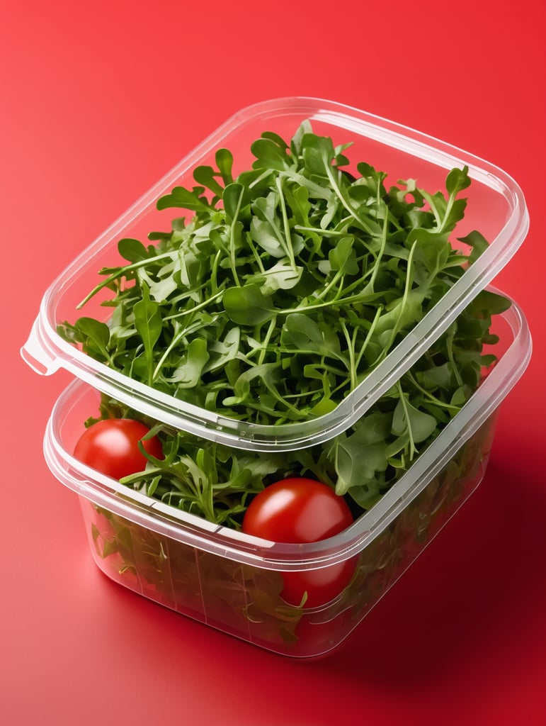 blank Transparent Plastic Container with Arugula Salad, isolated, red background, Mockup, mock up