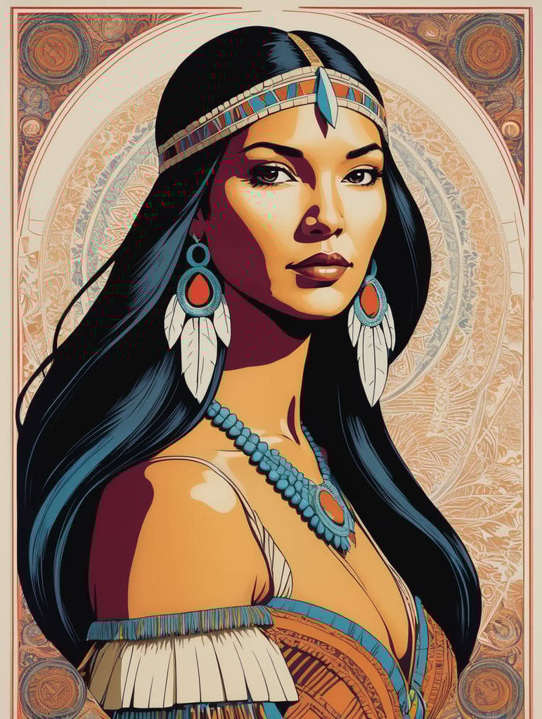 Pocahontas, Illustration, Screen Print, Portrait, USA, style of Chuck Sperry