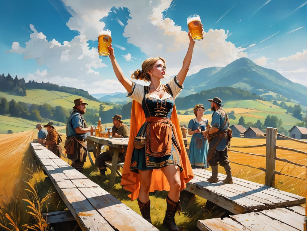 anglo saxon woman on Cute Poster Art for Oktober Fest in the German countryside, girl dressed in traditional tracht and drinking beer, new exciting angle