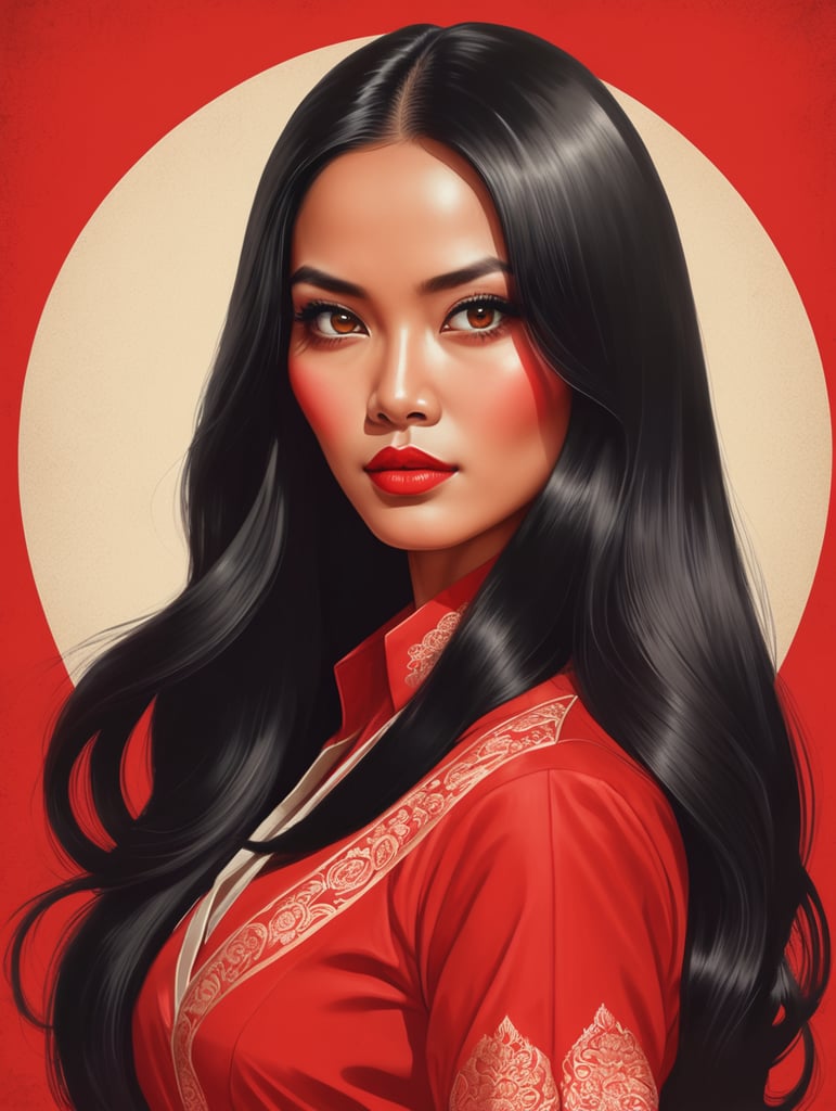 beautiful Indonesian woman with long black hair, red background eye-catching poster-style drawing and illustration representing the iconic pulp style.