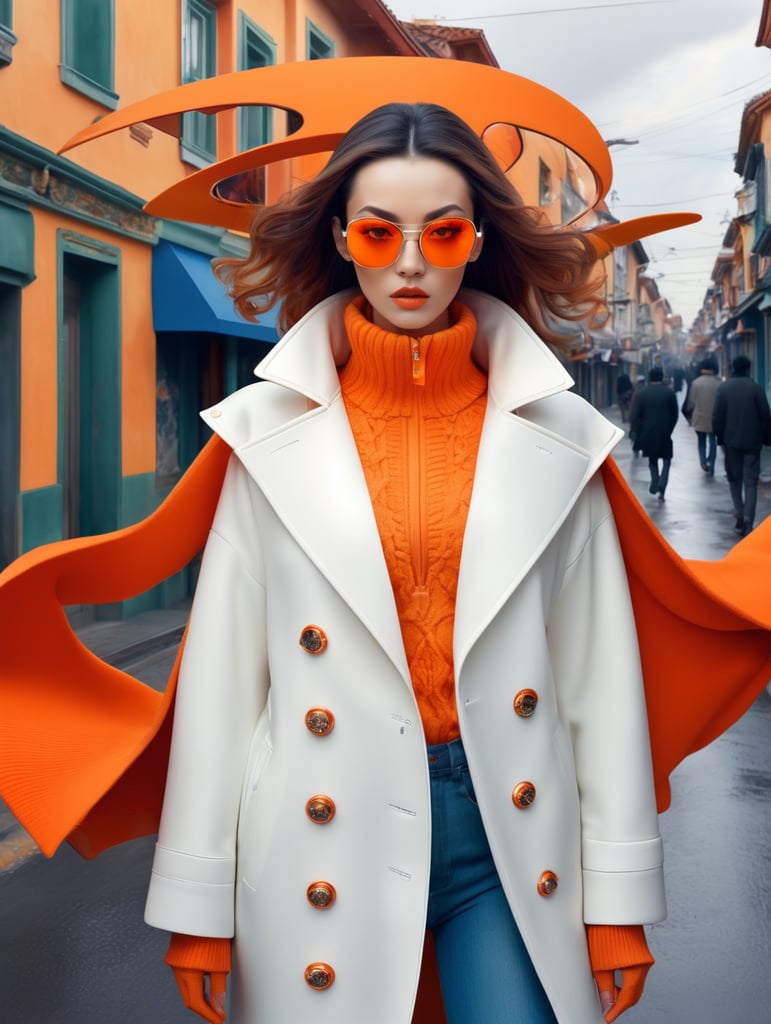 Front face half body photography, in a suburb, a cyber woman model wearing a orange color sweater and wide open white coat and large sunglasses walking in the street, 360 degree view, art by sergio lopez, natalie shau, james jean and salvador dali