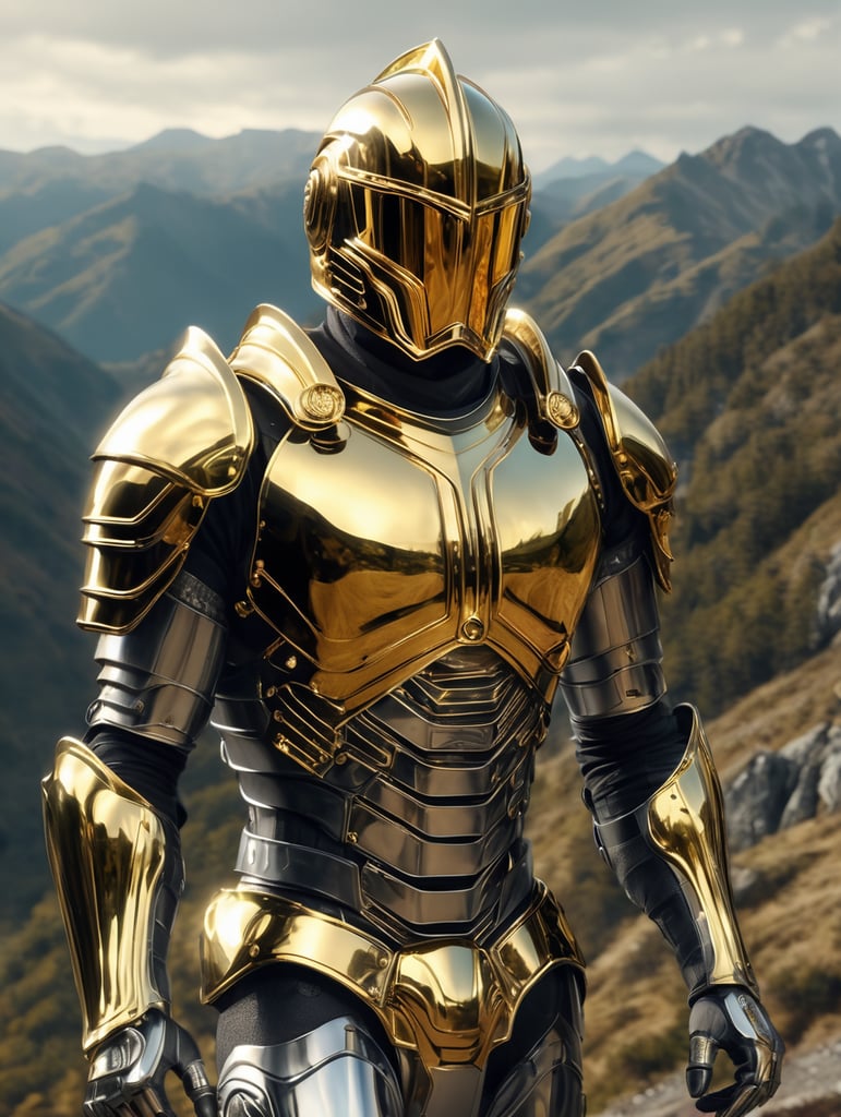 Cyber knight wearing gold chrome helmet, shining reflections, walking in the mountains, photorealistic, hyper-detailed, eerie atmosphere