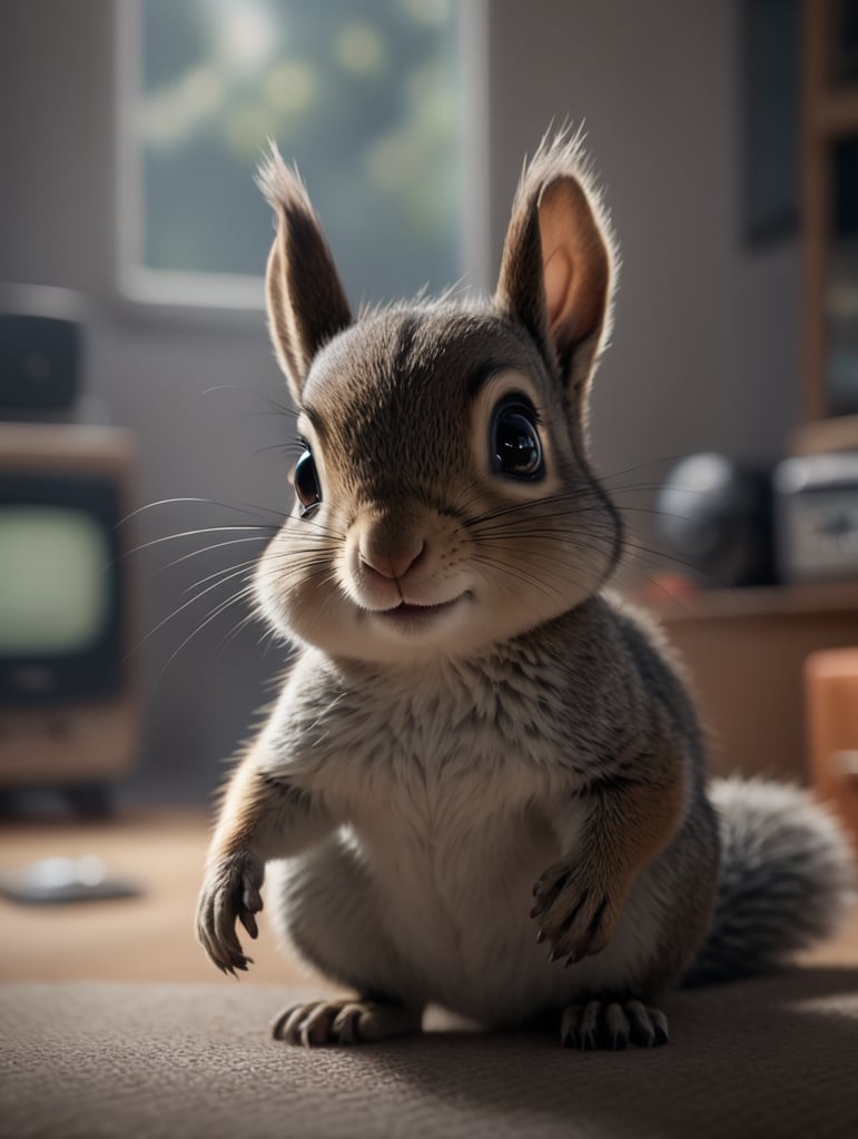 Little squirrel sitting watching television , cute pixar character, digital painting, studio lighting, creative, big eyes, small nose, standing centered, 3D style, rendered using beautiful Disney animation, Pixar style, Disney style