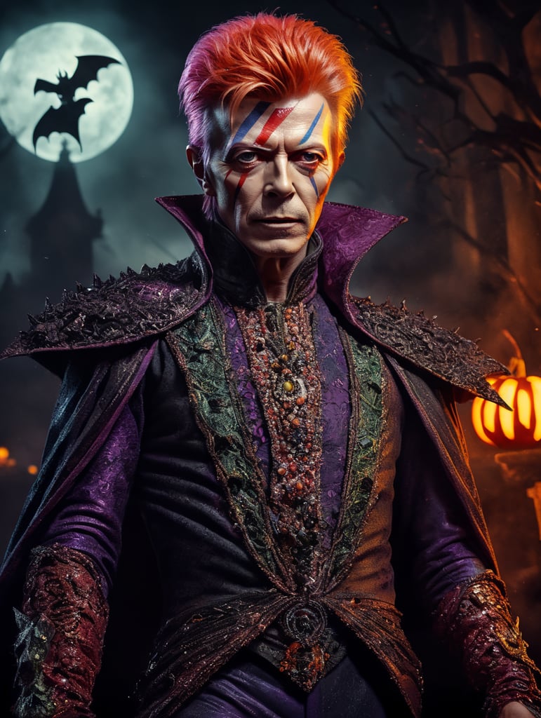 David Bowie as an evil character wearing spooky Halloween costume, Vivid saturated colors, Contrast color