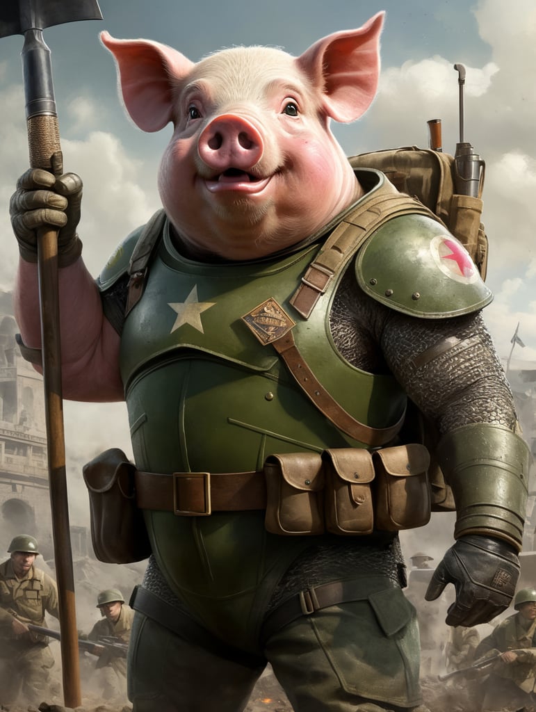 Draw a pig standing like a superhero and wearing a khaki green military uniform from world war two. The pig's uniform has a large "E" letter on his chest, and the pig carries a shovel in one hand like he's hold a rifle. The background should be transparent.