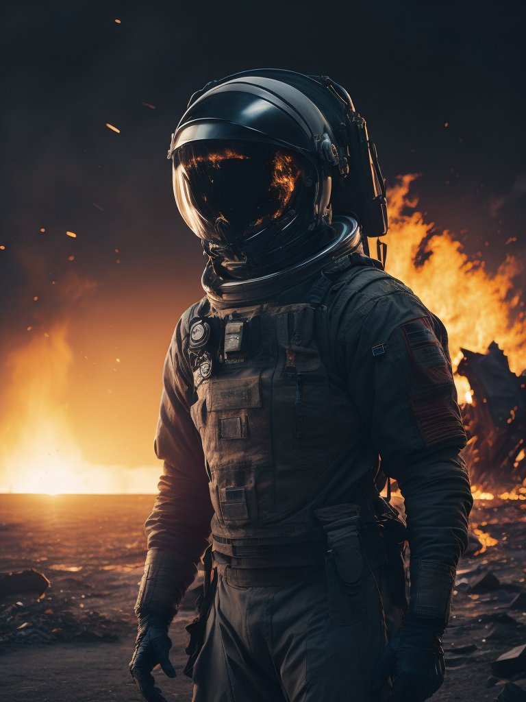 hyper-realistic, ultra-detailed of astronaut standing in the front of big fire explosions of the house in palestine, depth of field, sunlight fractal details, depth of field, HOF, hall of fame, apocalyptic environment, trending on Artstation, 64k, ultra-detailed, ultra-accurate detailed, surrealism, dark, dust, sparks, apocalypse