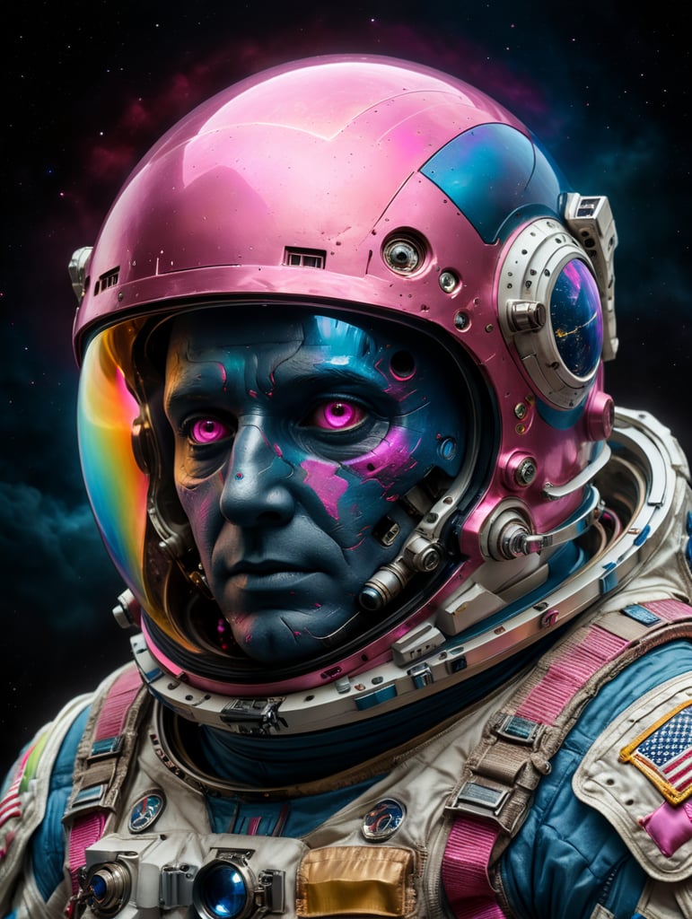 movie still, photo of an astronaut with no face, Rainbow asteroid, light indigo, neon pink and dark beige, muted tones, gentle expresion neon eyes