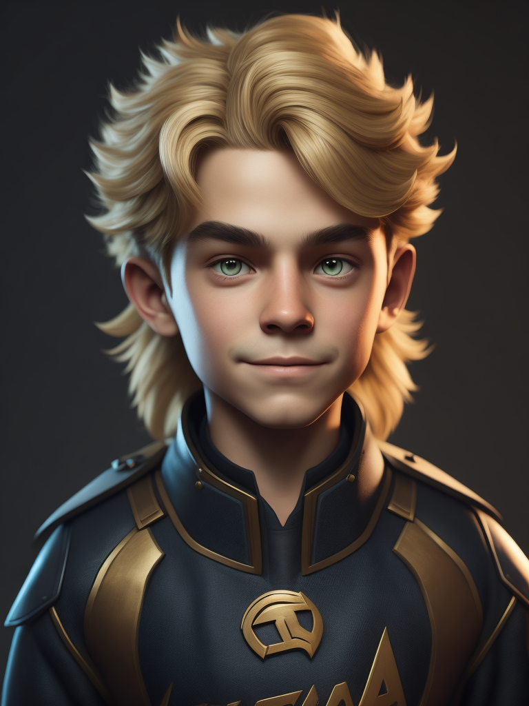 a young gamer boy dressed as a Valorant character, a creative, and kind-hearted person with long, curly blonde hair, big eyes, a small nose, and a smiling mouth, standing centered in 3D style, rendered using beautiful Disney animation, Pixar style, Disney style, 3D style