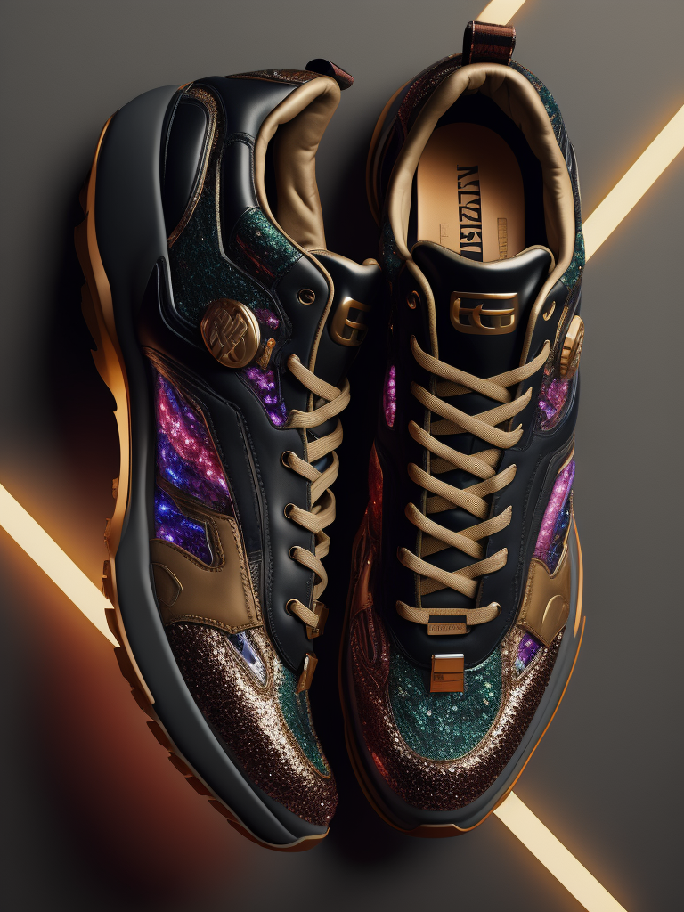 gemstone-embellished Gucci fashions with luminous lines and sequins. hyper realistic image of hi-tech sports puffy sneakers modern fashion, deep atmosphere, saturation, vibrance, sharp on details