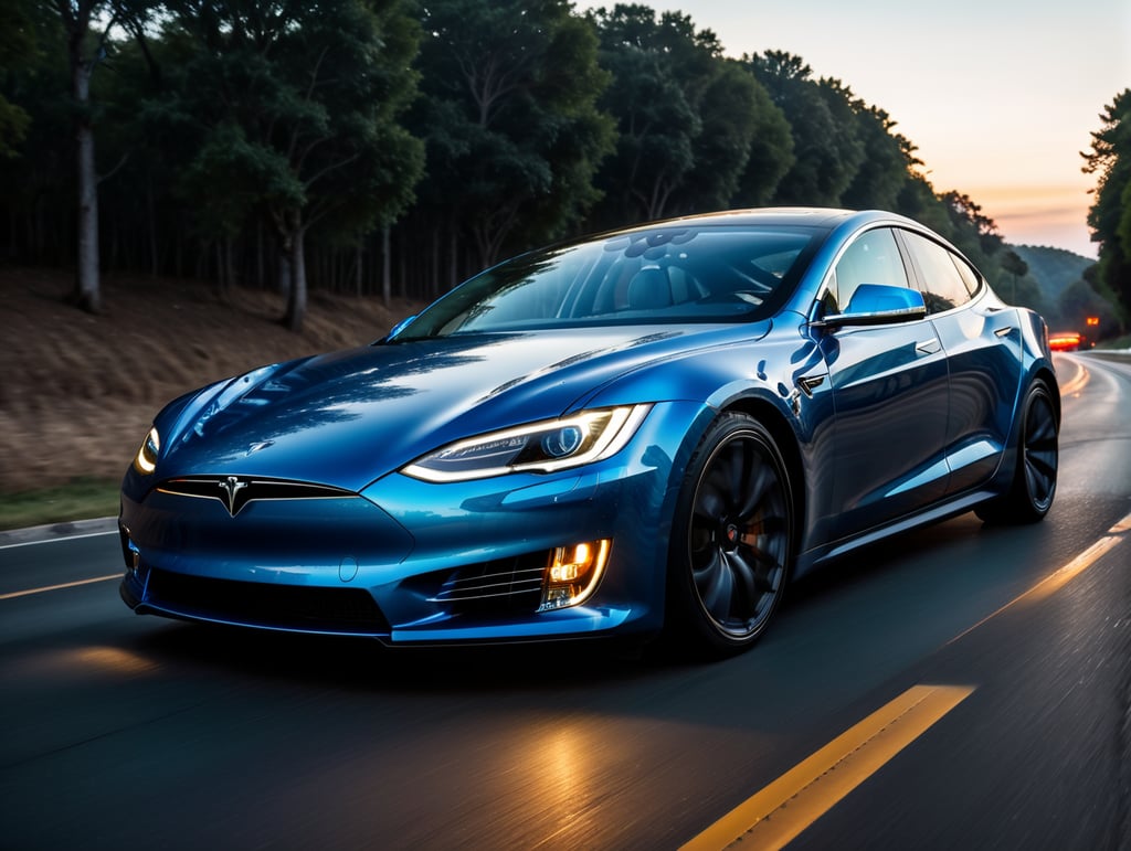 focusing on the front part of the car and the headlights, render a highly detailed, clean, tesla car speeding on highway from right to left with blue neon lights, blue headlights