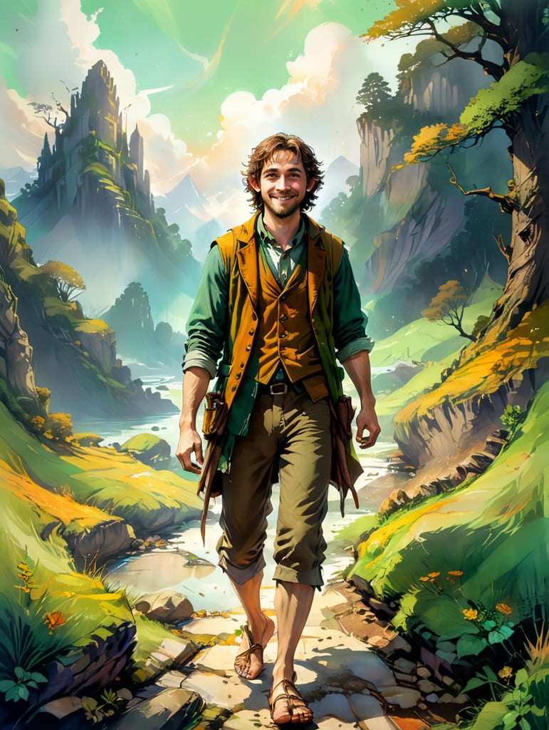 Hobbit man, barefoot, weed pipe, male, man, short, wavy brown hair, smile, lord of the rings, tolkien, barefoot, hobbit clothes yellow and green, the shire, intelligent, perceptive, cloak, waistcoat, stealthy, billhook, by riverbank