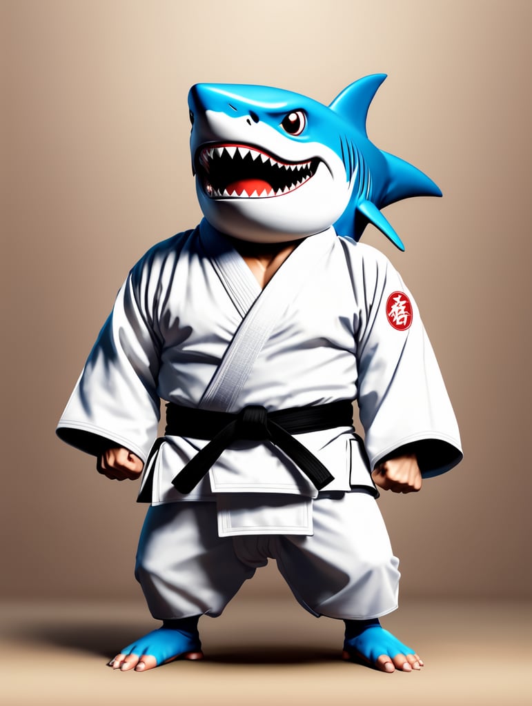 humanoid cartoon shark in judo kimono stay in action pose and angry face