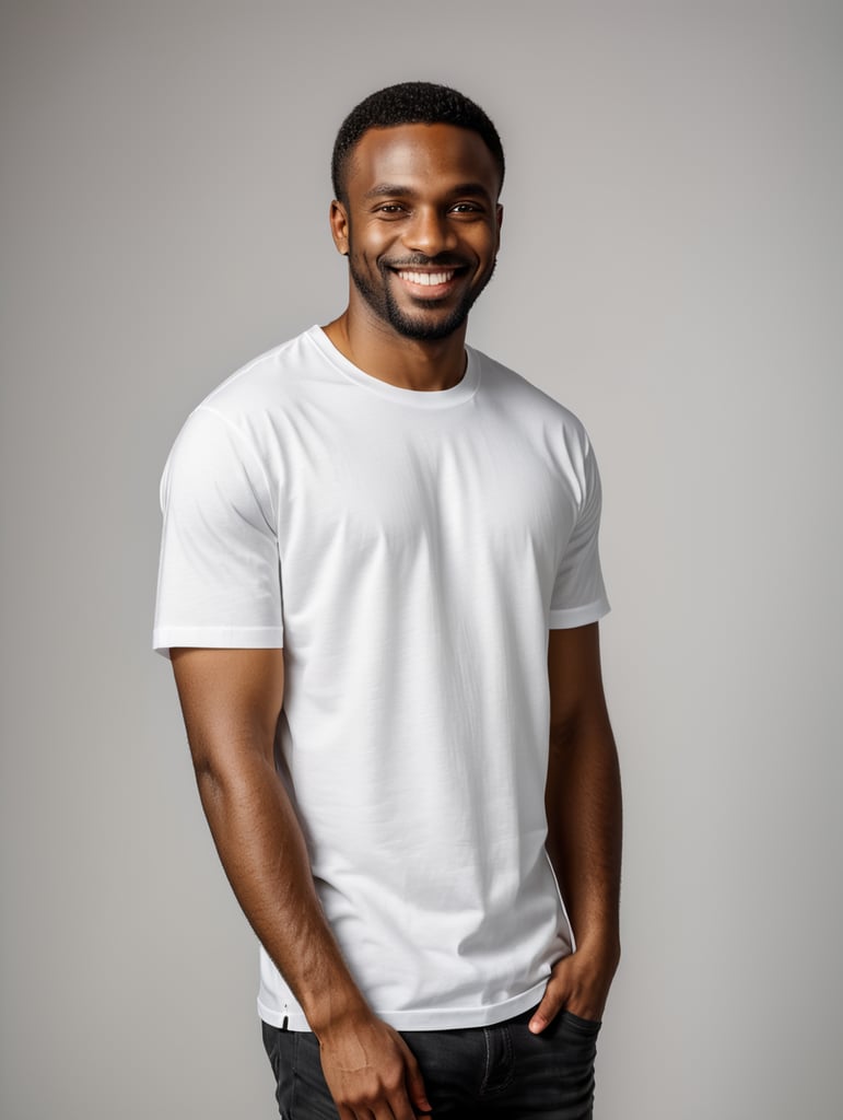 a black African man wearing white t-shirts, standing in front of black background, blank shirt no print, smiling, photo for apparel mock-up