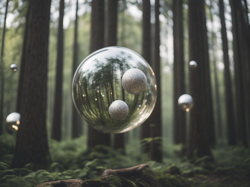 chrome round balls flying in the forest, no blur, sharp focus, cinematic lighting, epic scene