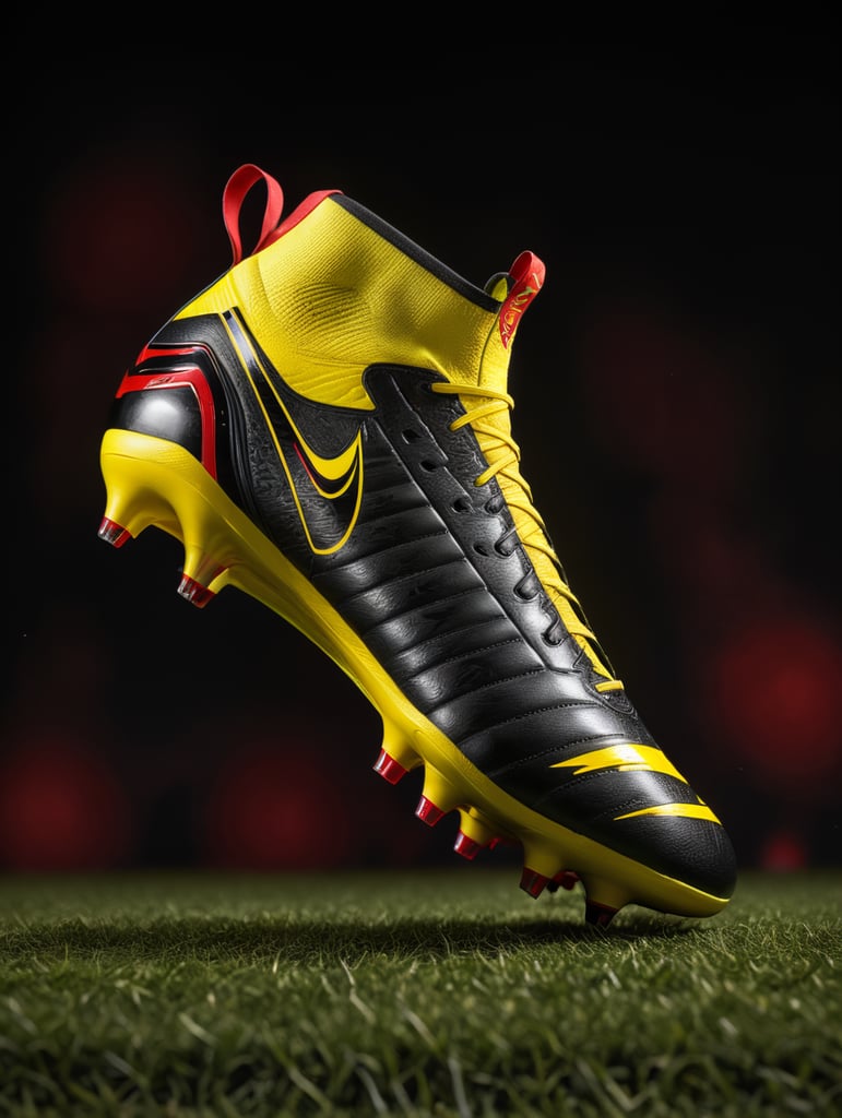 Black football boots with bright red details and a yellow background