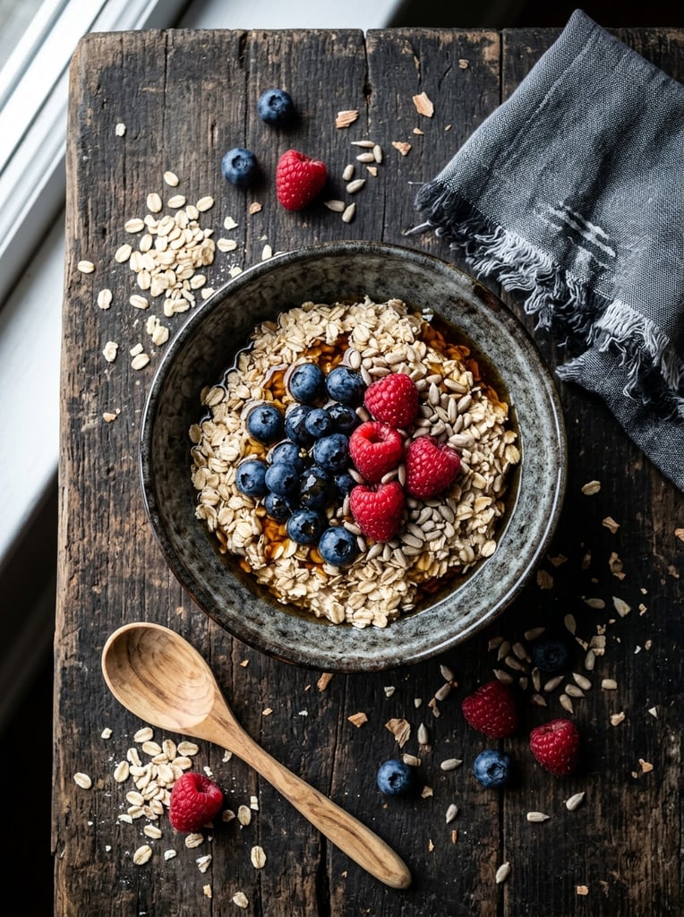 Top-down flat lay of a rustic breakfast bowl, mottled dark translucent bowl filled with rolled oats, sunflower seeds, plump blueberries, vibrant raspberries, glistening dark syrup drizzle, set on a dark weathered wooden surface, scattered raw oats and loose berries surrounding the bowl, light wooden spoon at bottom left, folded dark grey linen cloth at top right, directional natural lighting, soft shadows, high-contrast food photography, sharp focus, earthy tones with bright red and blue berry accents