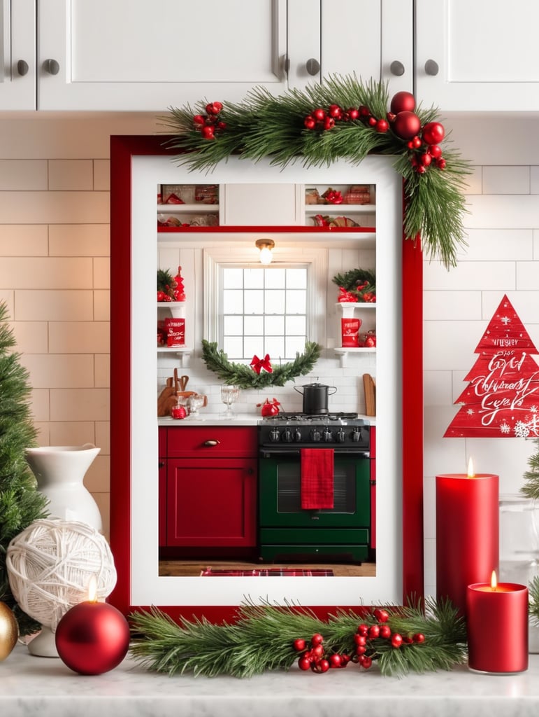 vertical picture frame mockup, cozy farmhouse kitchen, christmas decoration, red, white, green, christmas lights