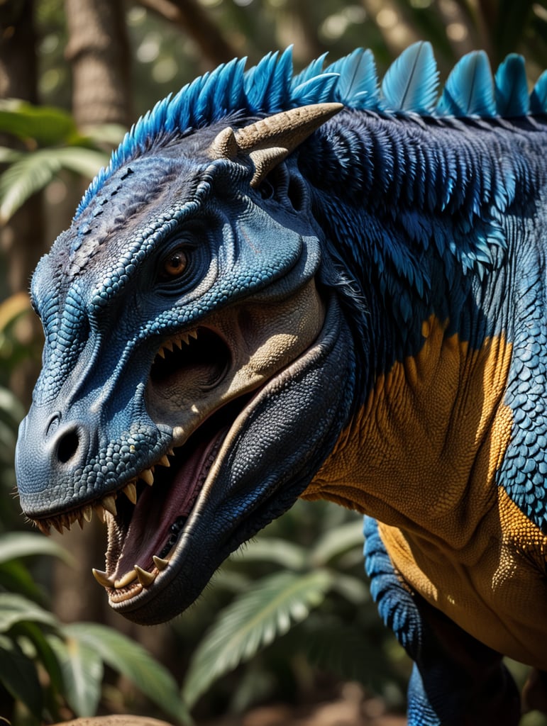 Blue feathered Tyrannosaurus rex, Vibrant colors, Depth of field, Incredibly high detail, Blurred background