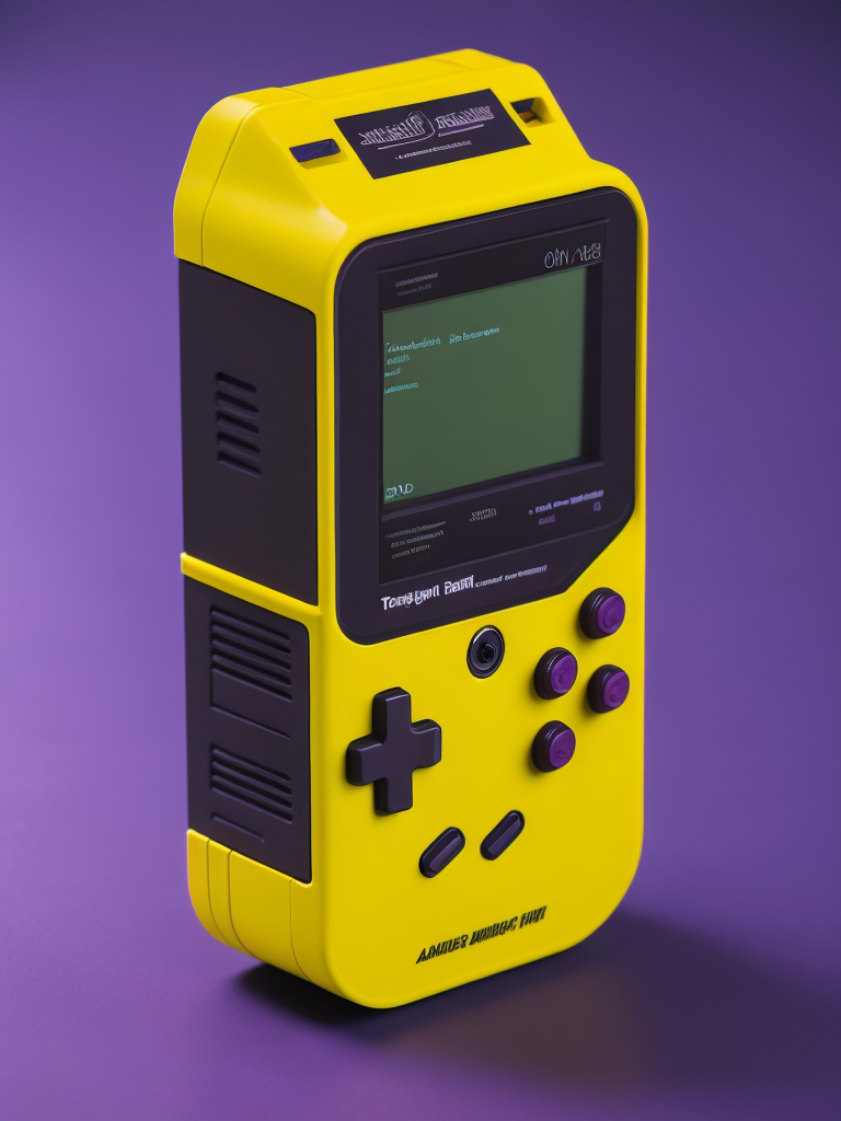 3d pixel retro tiny cute yellow game boy render, purple background
