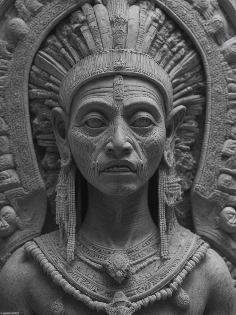 In this powerful and evocative image, mictlantecuhtli, the ancient aztec god of the underworld, emerges in all his ominous glory. rendered predominantly in stark black and white, with subtle gradations of gray, the depiction showcases the deity's menacing presence and serves as a testament to his authority. mictlantecuhtli's face embodies an intense fury, with furrowed brows and eyes ablaze with anger. his facial features are sharp and defined, with deep-set eye sockets that pierce through the darkness. elongated, bony structures form his skeletal visage, accentuating the otherworldly nature of his being. jagged teeth, stained and yellowed, protrude menacingly from his mouth, capturing his ferocity and instilling fear in those who behold him. the environment surrounding mictlantecuhtli reflects the essence of his era, transporting us to the aztec underworld known as mictlan.