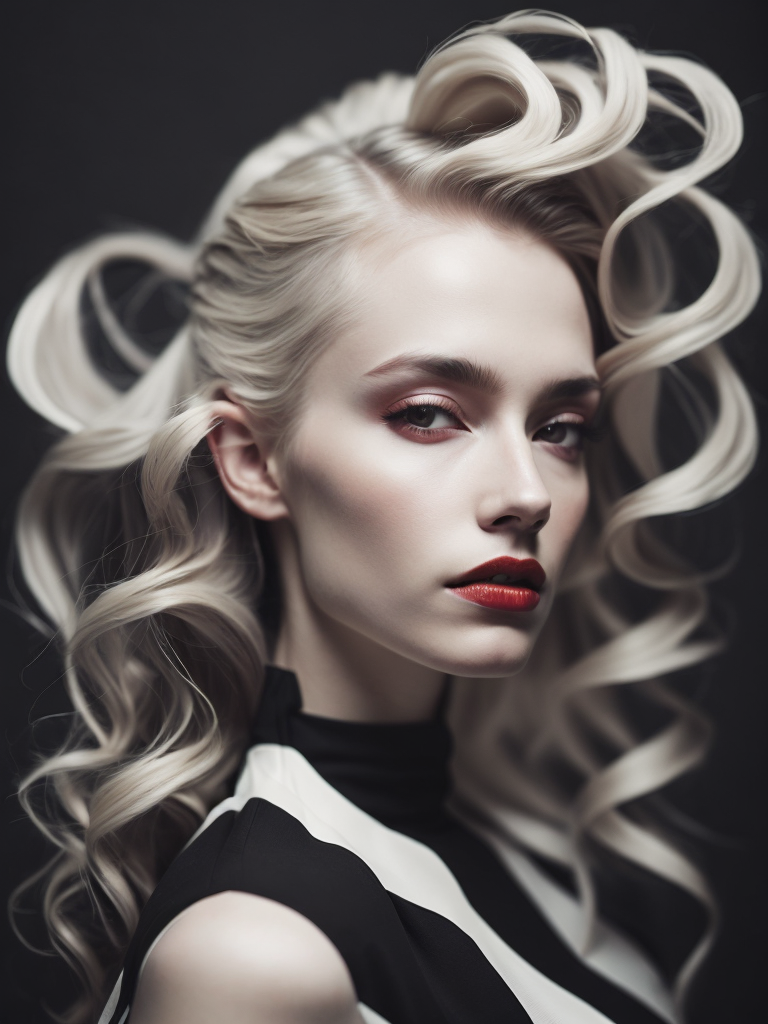 Pale-skinned girl model, wearing a black and white striped dress with a high collar, contrast lighting, Bright red make-up, Black and white curly long hair, dark background, fashion model, magazine cover, professional shot,