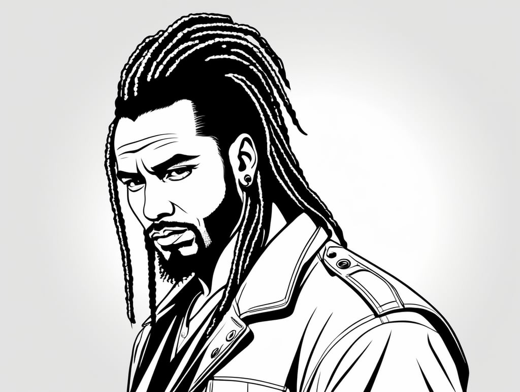 Very arrogant Gangster with dreadlocks, in the style of basic simple line art vector comic art on white background