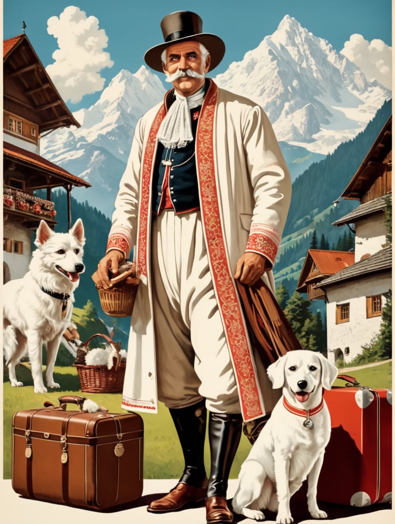 Retro poster of an old Austrian traveler with a white dog, dressed in traditional Austrian clothes, behind with things