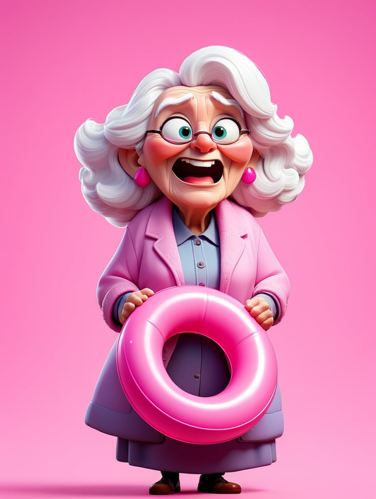 Pretty old women wearing a pink with a pink inflatable ring, isolated on a pink background
