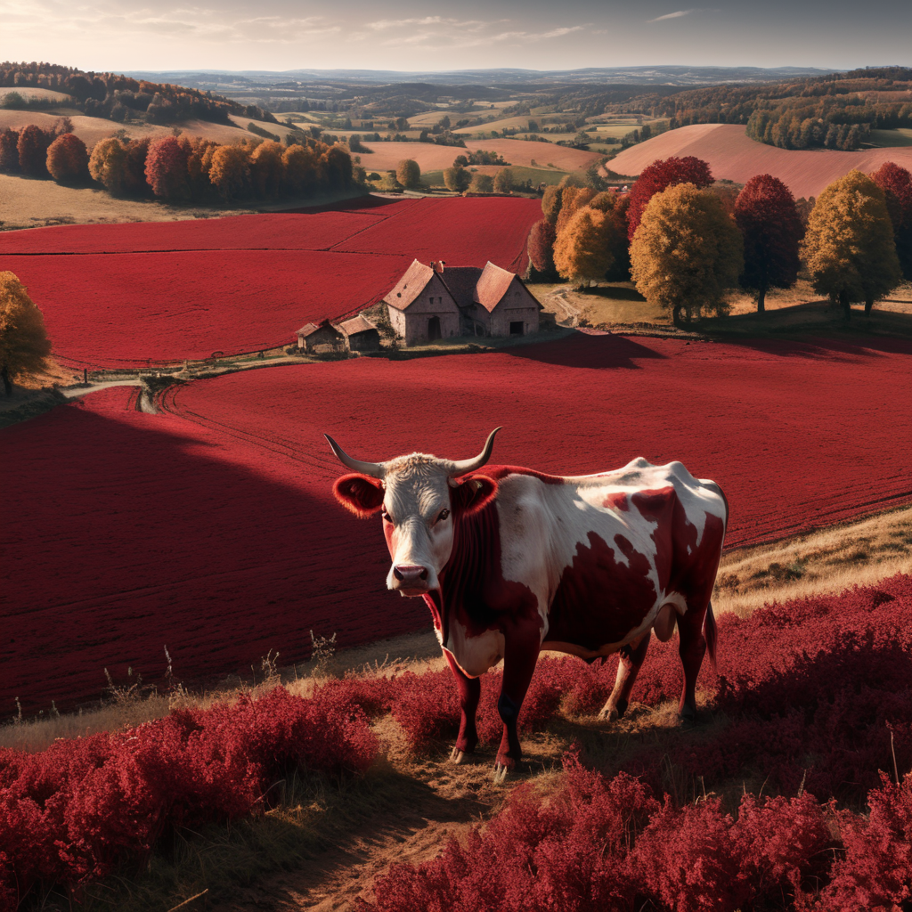 All Burgundy scenery with cow in a field. Monochrome red color.