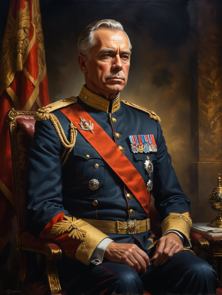 Classical portrait of royalty in uniform. Dramatic lighting. Oil paint texture, high quality.